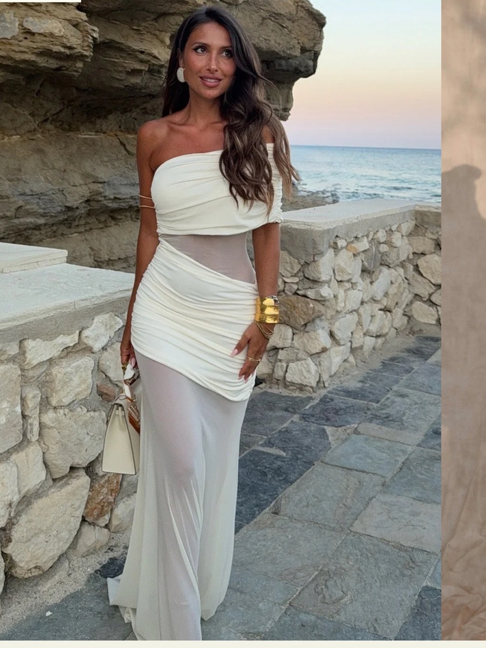 Meshki Ivory One-Shoulder Mesh-Panel Maxi Dress
